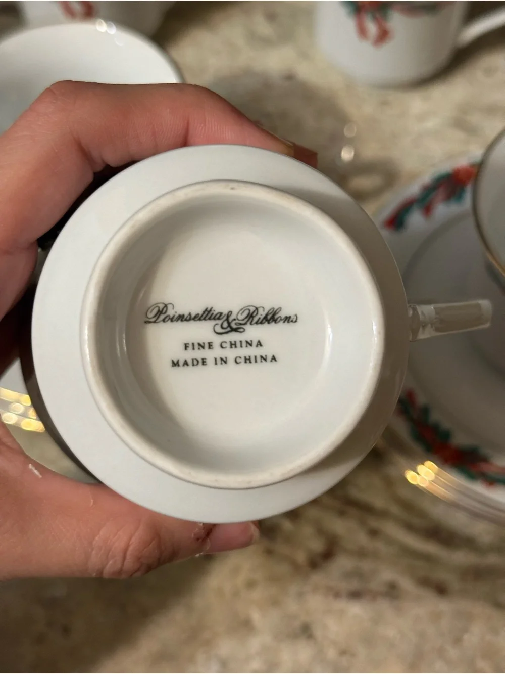 Vintage Christmas Poinsettia Ribbons fine china tea set 8 cups & 7 saucers